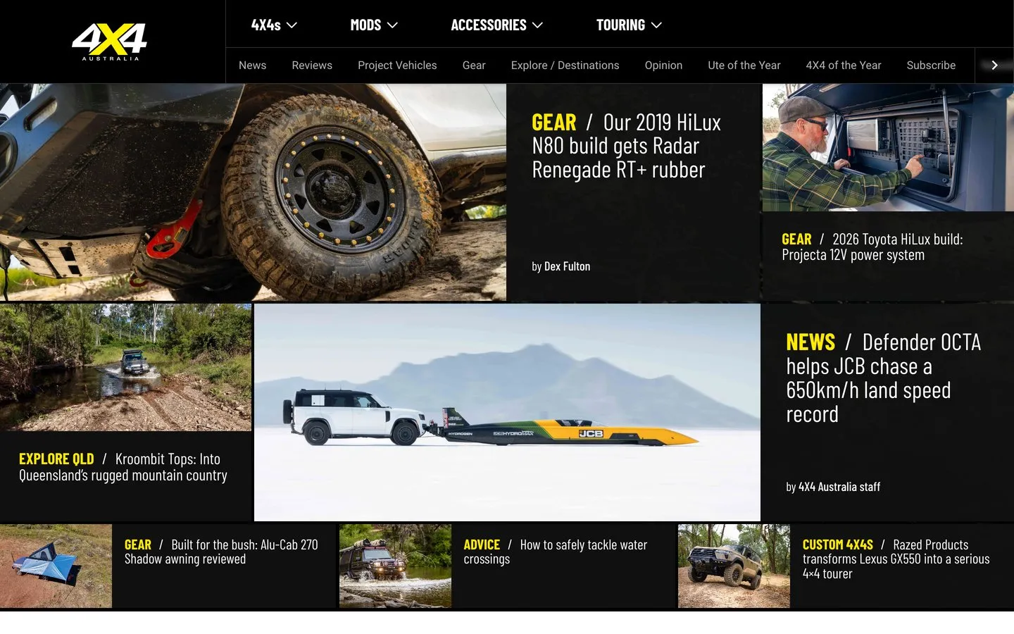 The 4X4 Australia homepage, showing the editorial mosaic of news, gear and touring stories