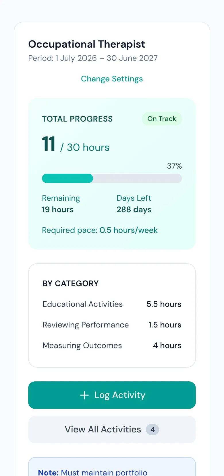 The professional development tracker on an iPhone, showing hours logged against the annual requirement