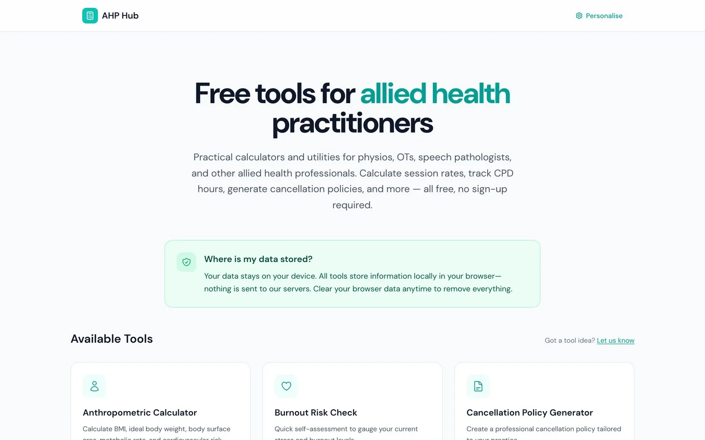 The AHP Hub homepage, listing the free tools available to allied health practitioners