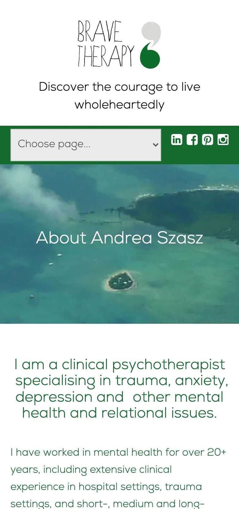 Andrea Szasz's about page on an iPhone, listing her clinical background