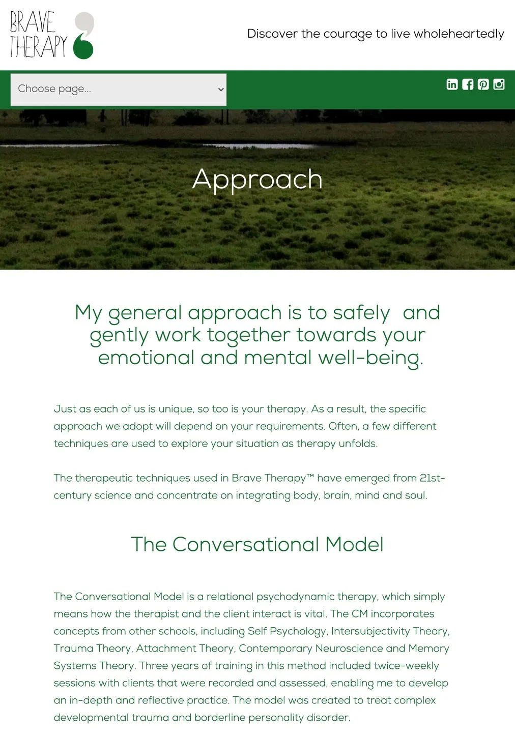 The Brave Therapy approach page on an iPad, explaining the therapeutic techniques used in the practice
