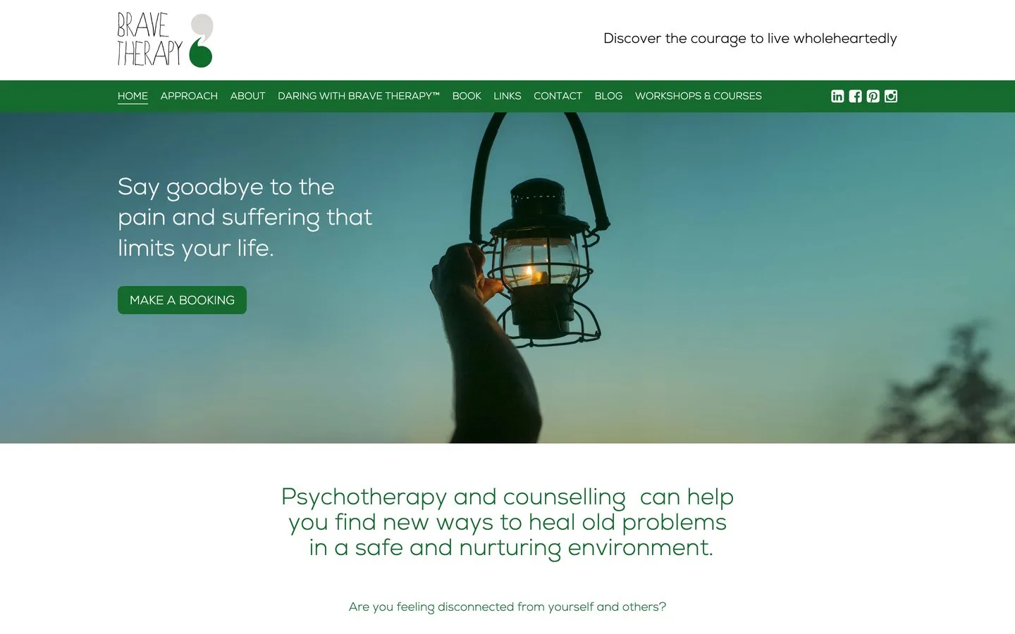 The Brave Therapy homepage, with a hand holding a lit lantern against a dusk sky