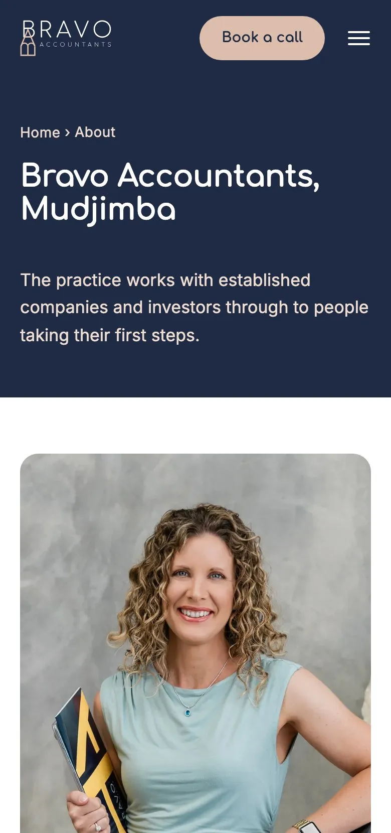 The Bravo Accountants about page on an iPhone, showing Miranda Bravo Hollands