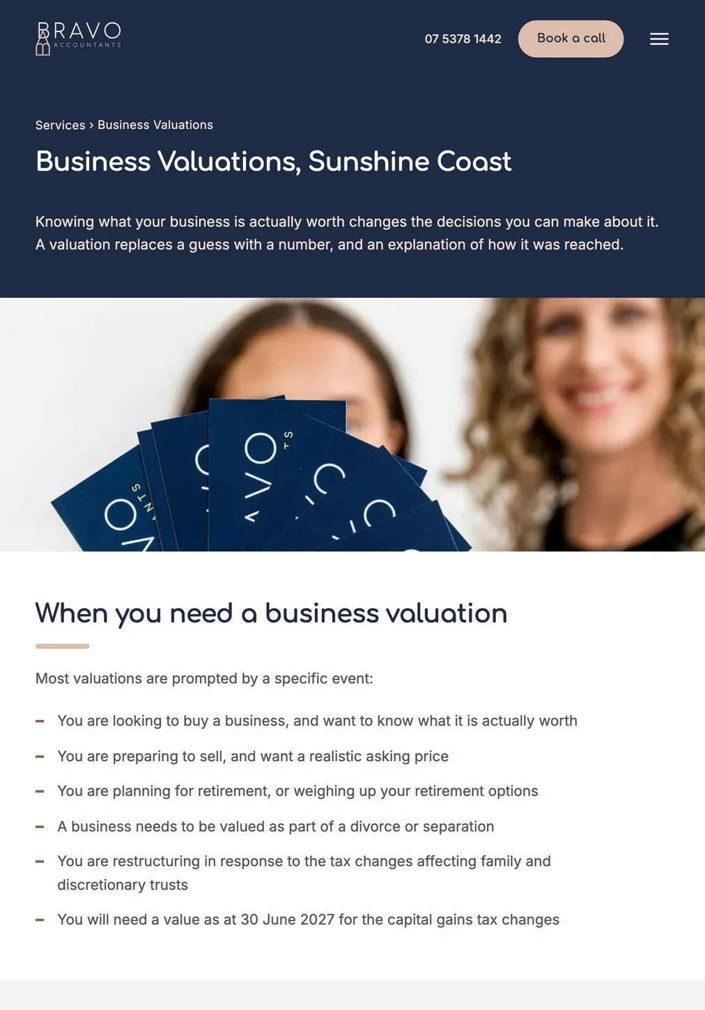 The Bravo Accountants business valuations page on an iPad, listing the events that prompt a valuation