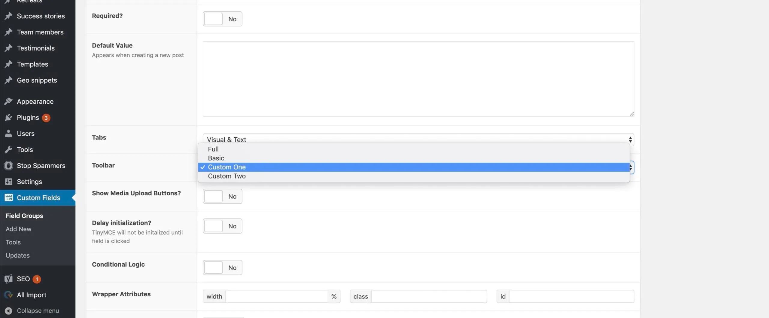 Custom toolbars in Advanced Custom Fields for WordPress