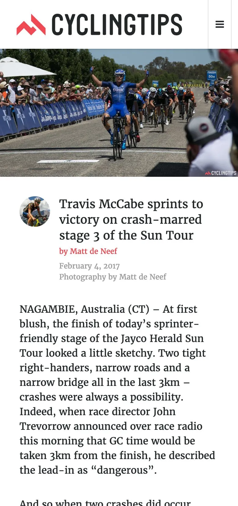 A CyclingTips race report on an iPhone, with the photograph, headline, writer and photographer credits above the story
