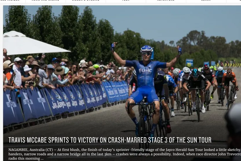 CyclingTips, a sprint finish at the Jayco Herald Sun Tour on the publication's 2017 homepage