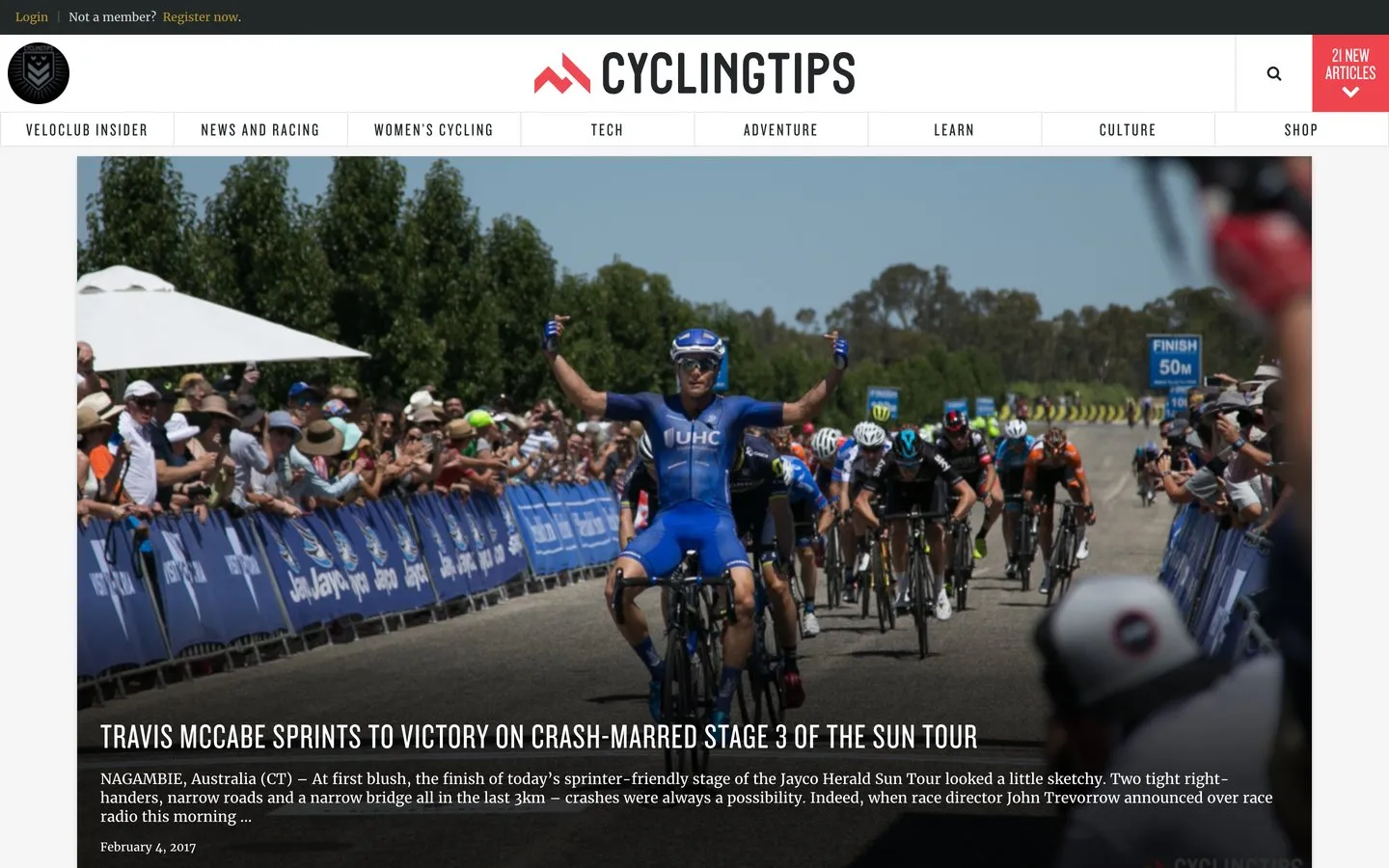 The CyclingTips homepage in 2017, a sprint finish photograph filling the page beneath the masthead and section menu