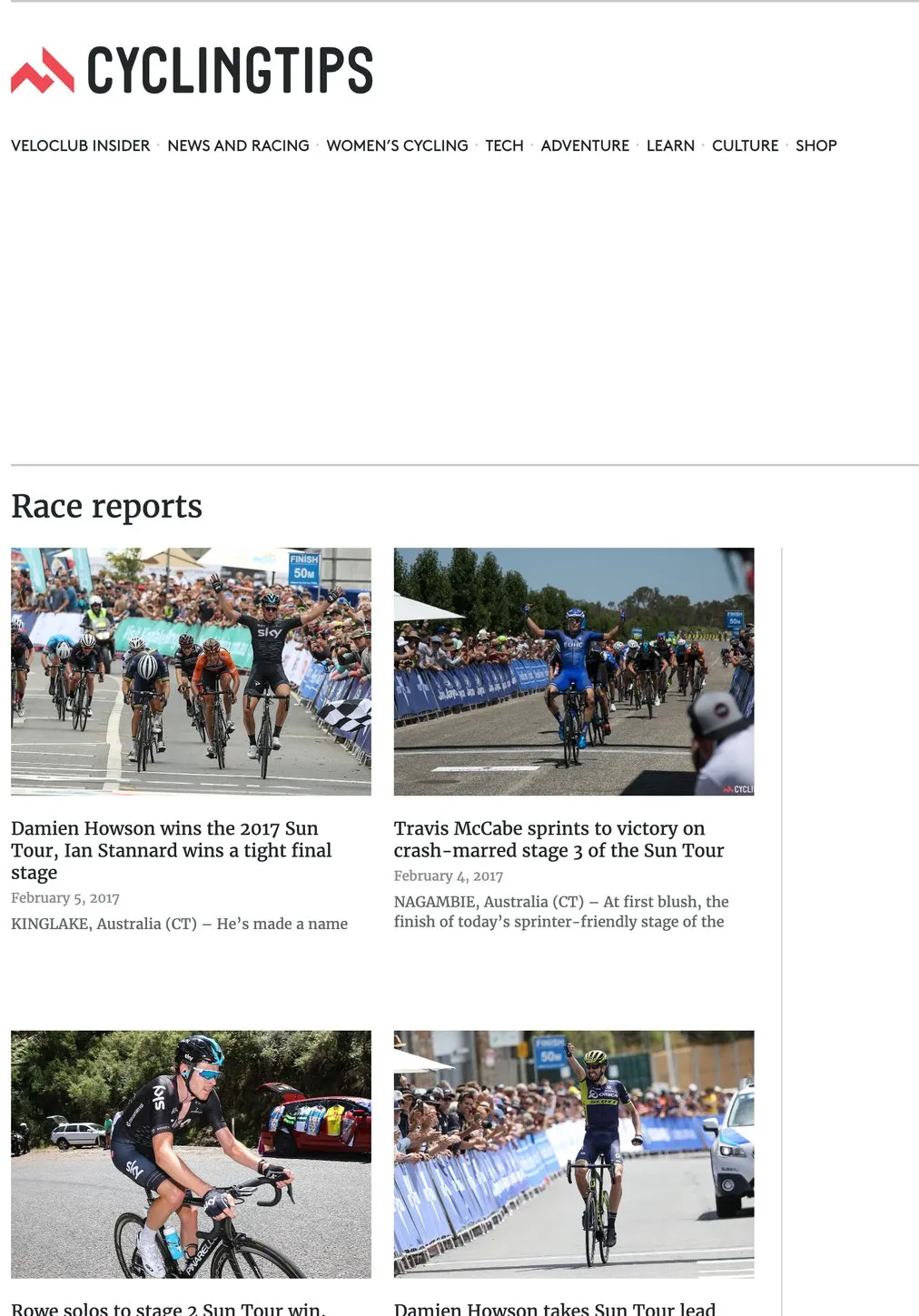 The CyclingTips race reports section on an iPad, a grid of race photographs and headlines