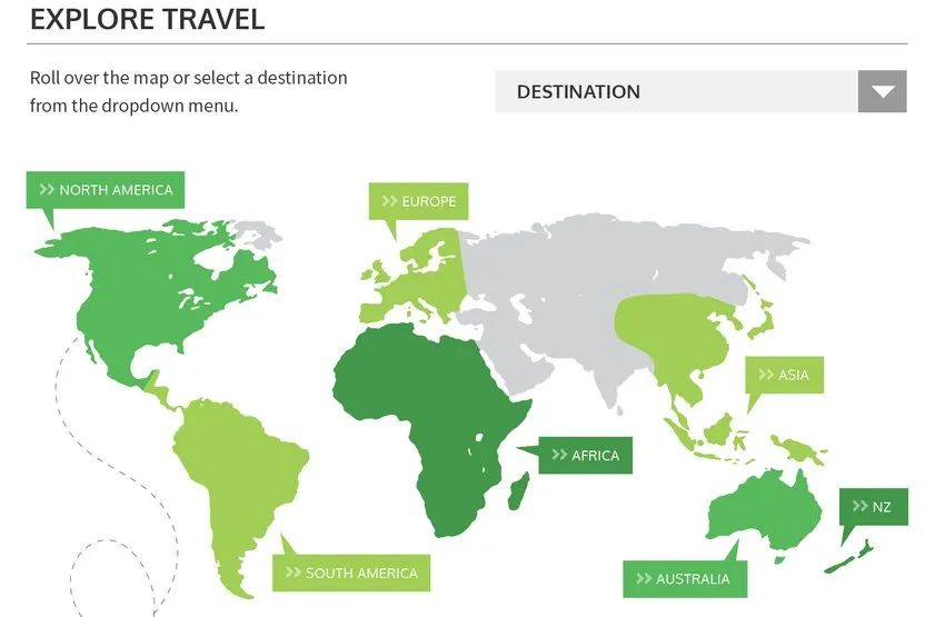 First Off The Bike, the travel section design, a world map with the regions a reader could browse