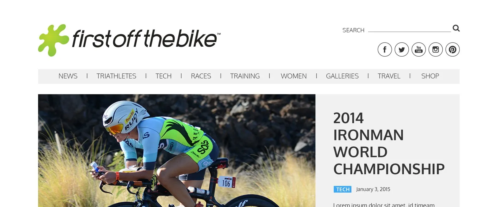 The First Off The Bike homepage design, with the masthead, the section menu and an Ironman World Championship feature