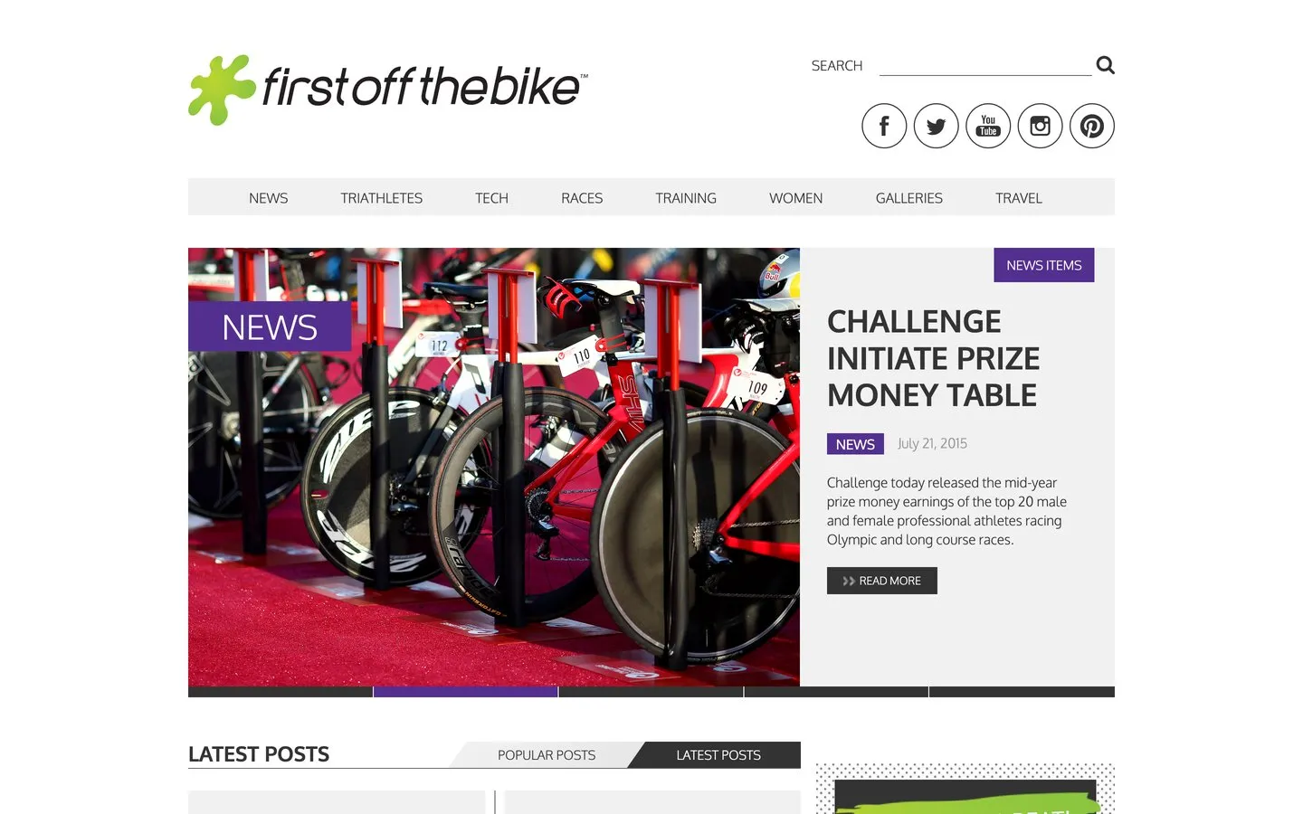 The First Off The Bike homepage as it ran in 2015, with the green splat logo, the section menu and a news feature on a slider