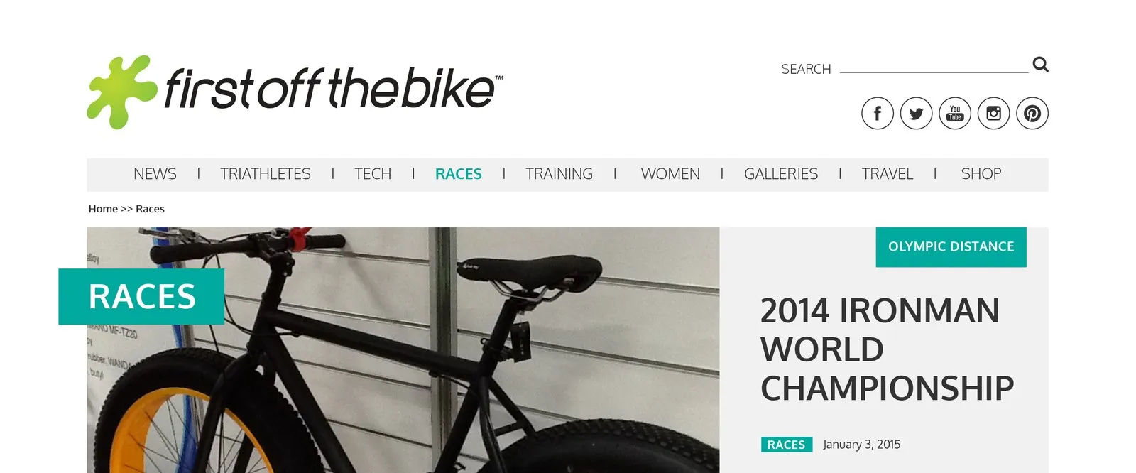 The First Off The Bike races section design, with a coloured section label, breadcrumb trail and the active menu item highlighted