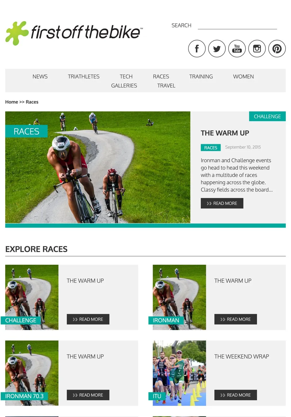 The First Off The Bike races section on an iPad, a hero article above an Explore Races grid of event categories