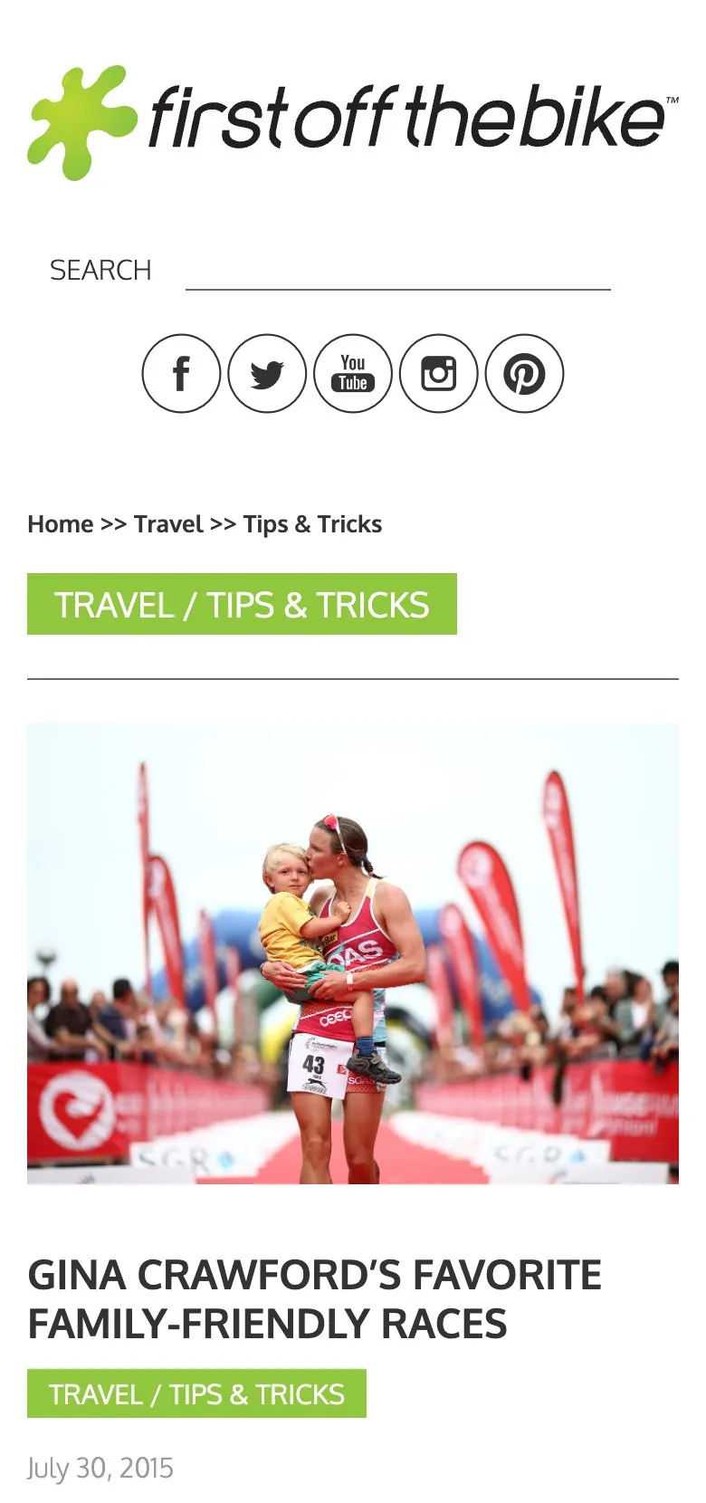 A First Off The Bike travel article on an iPhone, with a finish line photograph above the story