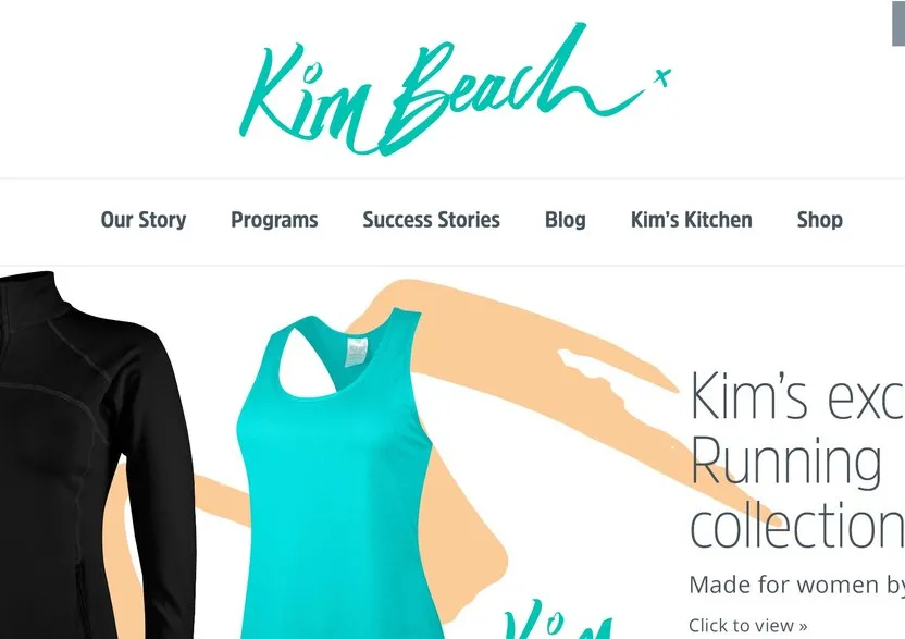 Kim Beach, a fitness and nutrition brand, the script logo above activewear on the 2016 homepage