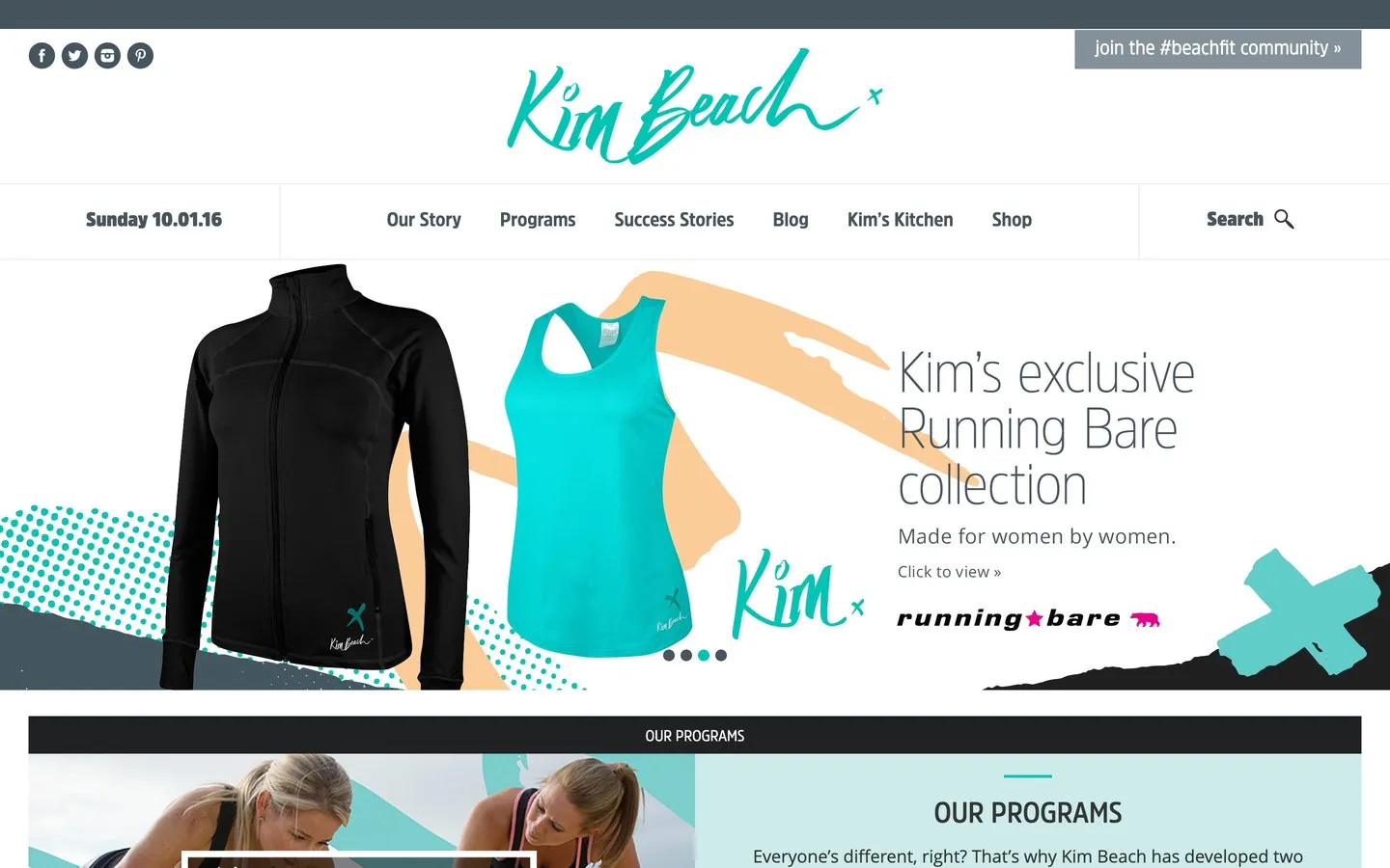 The Kim Beach homepage as it ran in 2016, the script logo above the menu and a slider showing her activewear collection