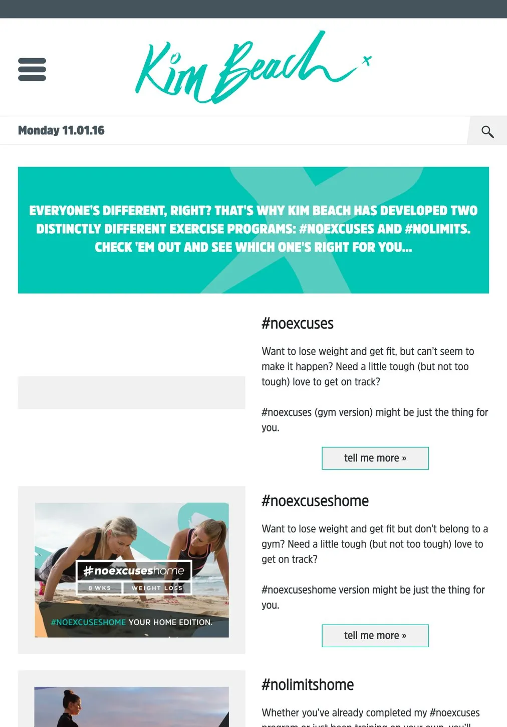 The Kim Beach programs page on an iPad, her training programs listed each with its own description and button