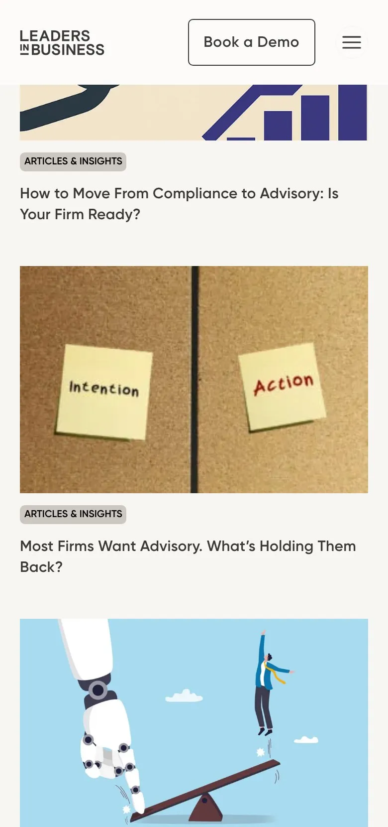 The Leaders in Business resource library on an iPhone, each article tagged with its category