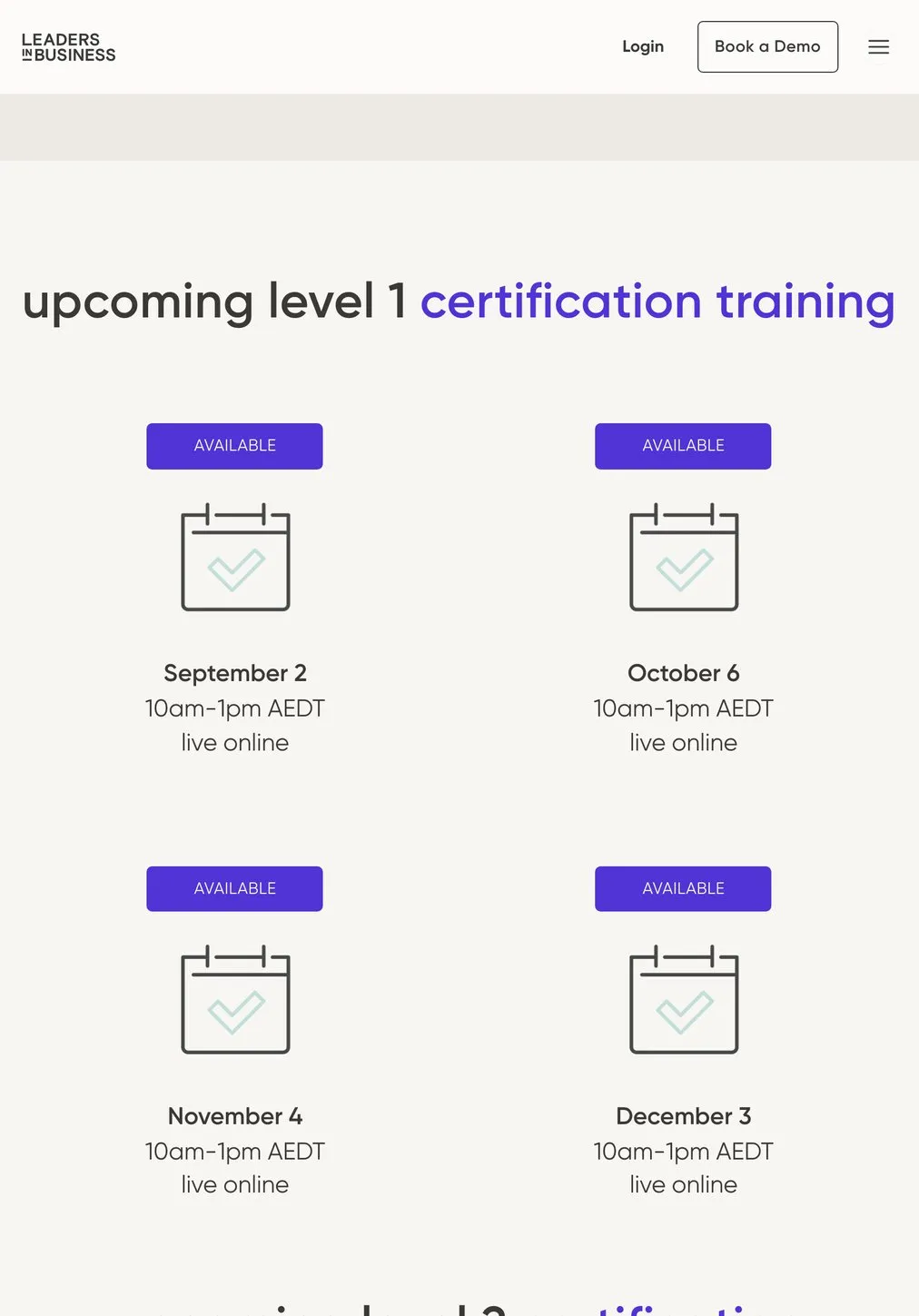 The upcoming certification training dates on an iPad, each with its date, time and availability
