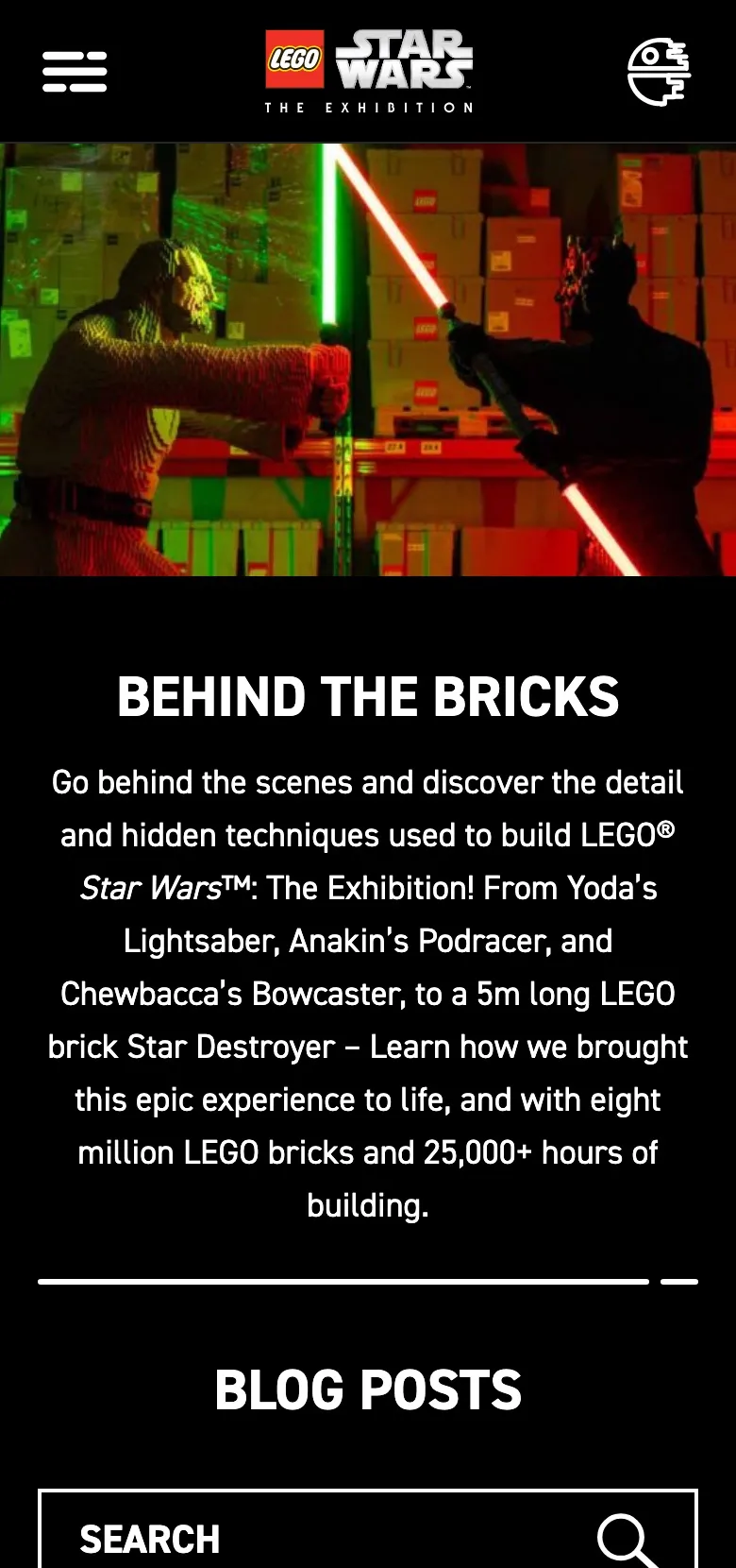 The Behind the Bricks section on an iPhone, showing the build story article index