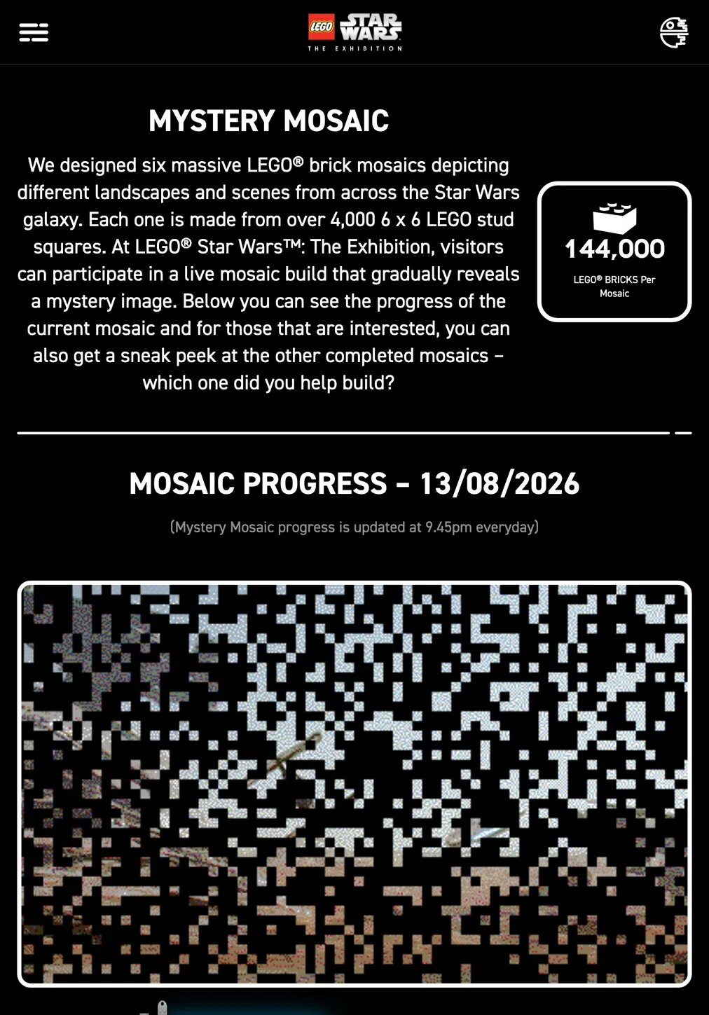 The Mystery Mosaic page on an iPad, showing the current build percentage and a progress photograph sent from the venue