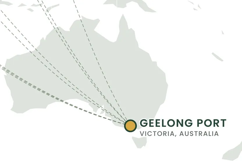 Liven Nutrients Australia website - map of bulk fertiliser shipping routes converging on Geelong Port, Victoria