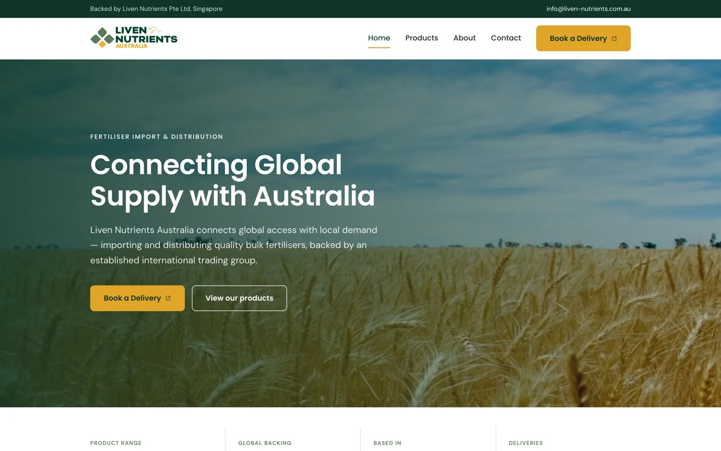 Liven Nutrients Australia website homepage, showing the fertiliser import and distribution hero