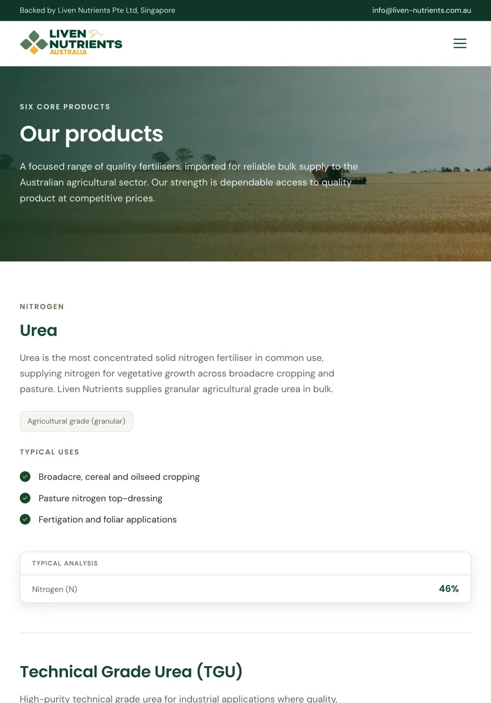 The Liven Nutrients products page on an iPad, showing urea with its typical nutrient analysis