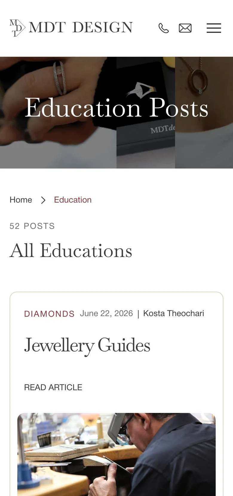 The MDT DESIGN education library on an iPhone, listing guides to diamonds and jewellery