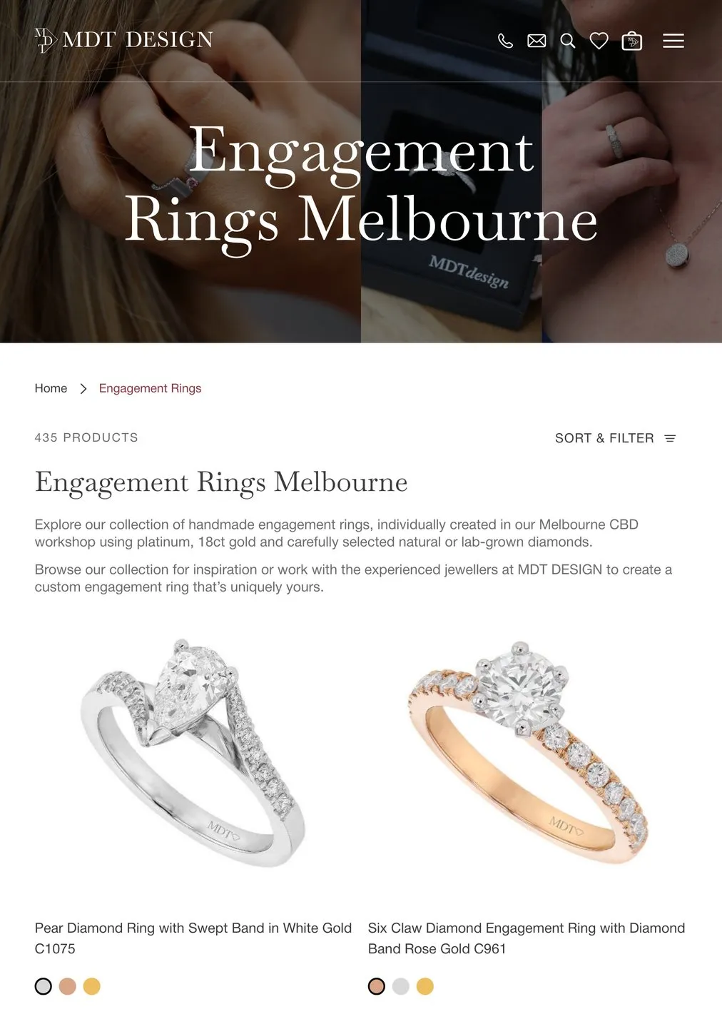The MDT DESIGN engagement ring catalogue on an iPad, showing the product count, the sort and filter control and metal colour options on each tile