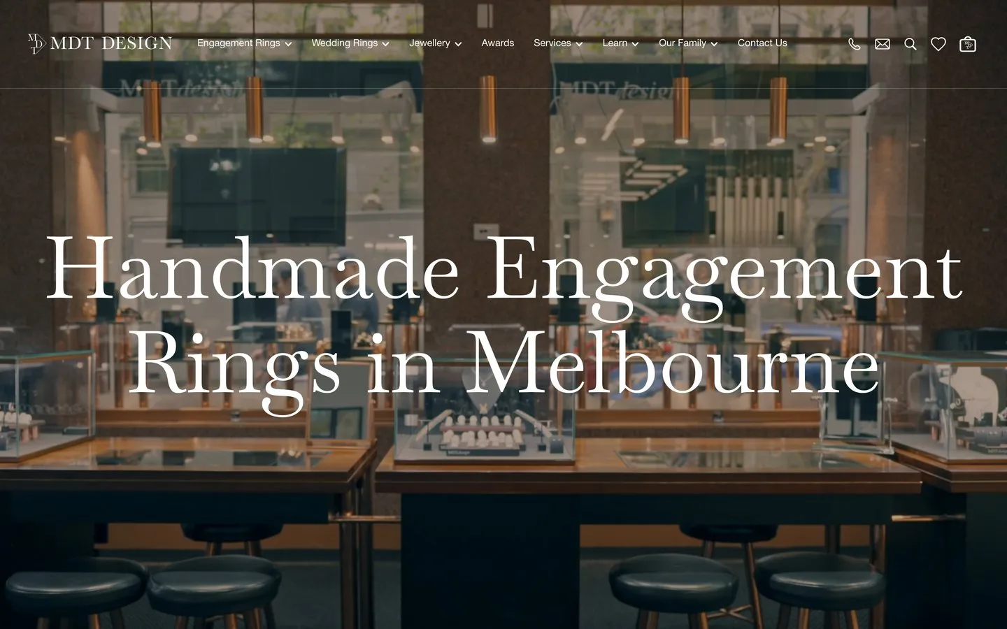 The MDT DESIGN homepage, with a video of the Collins Street boutique behind the headline Handmade Engagement Rings in Melbourne