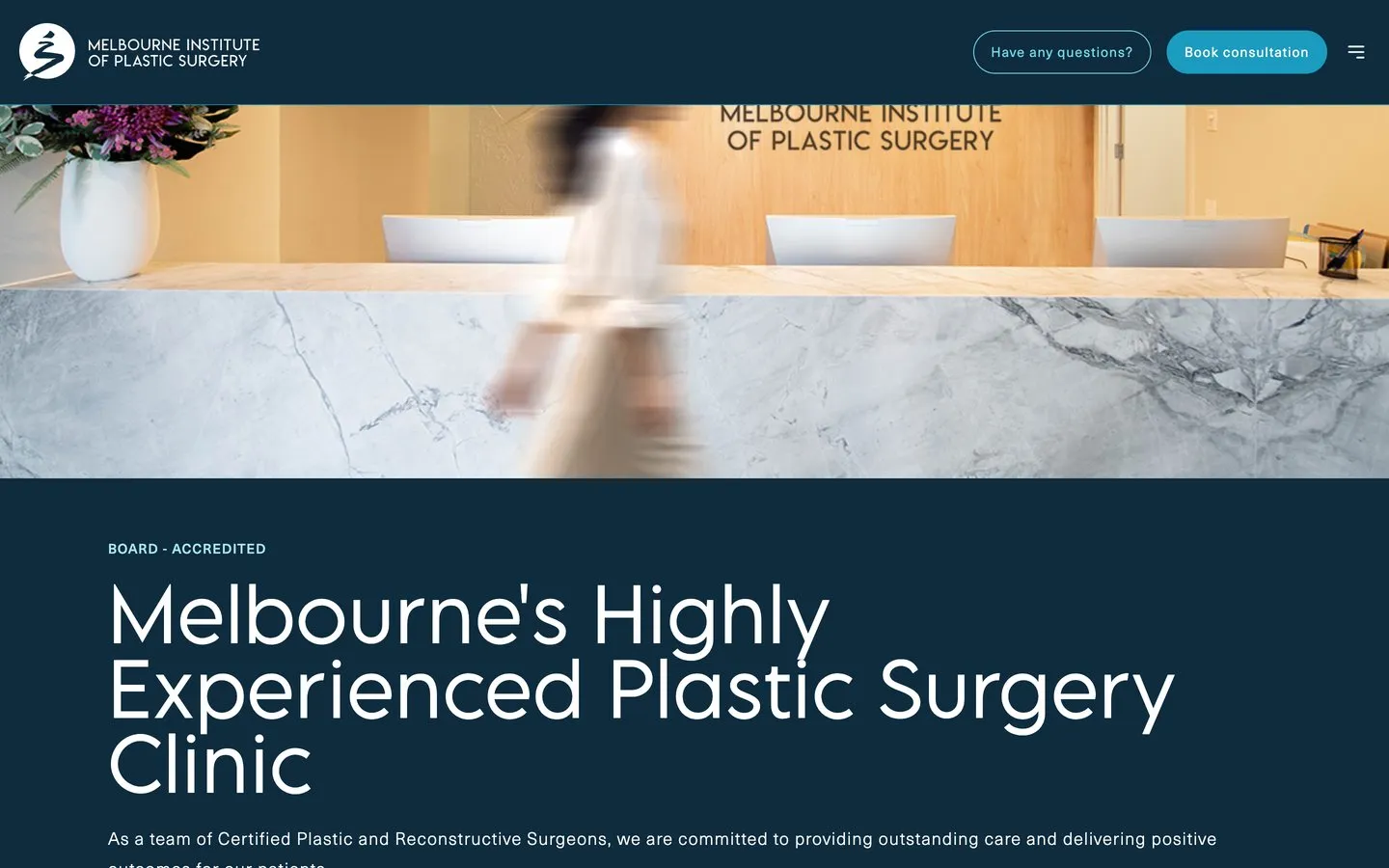 The Melbourne Institute of Plastic Surgery homepage, showing the clinic reception and the practice headline