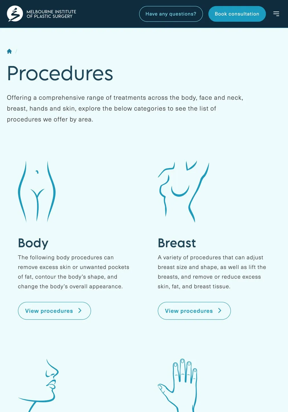 The procedures page on an iPad, showing treatment areas as line illustrations with plain descriptions