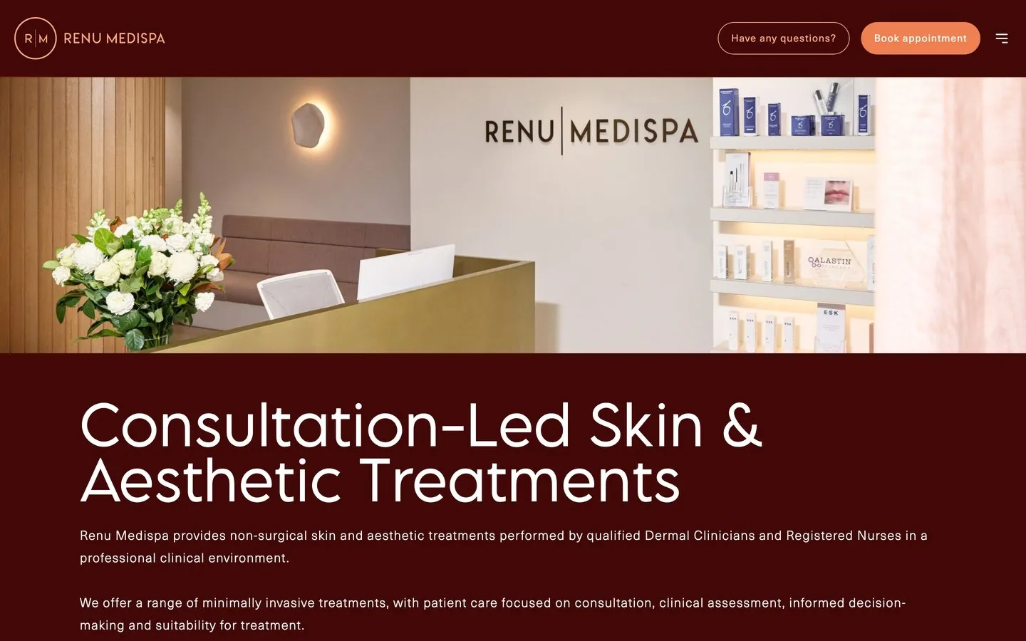 The Renu Medispa homepage in maroon and gold, again the same underlying layout