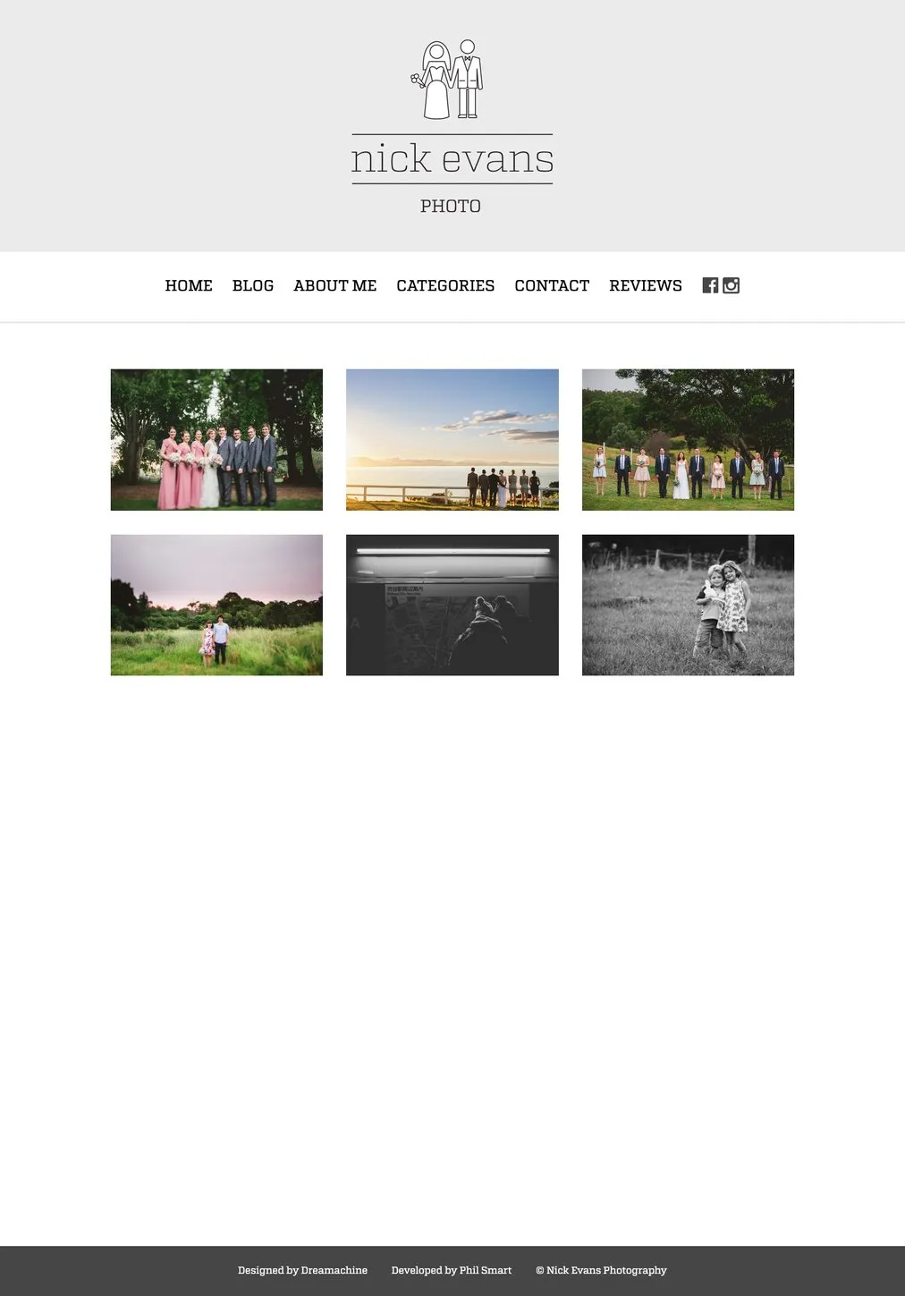 The Nick Evans Photography categories page on an iPad, a grid of wedding photographs