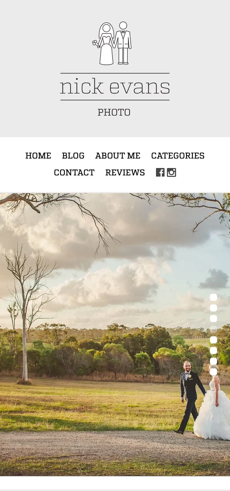 The Nick Evans Photography homepage on an iPhone, a wedding photograph beneath the stacked logo and menu