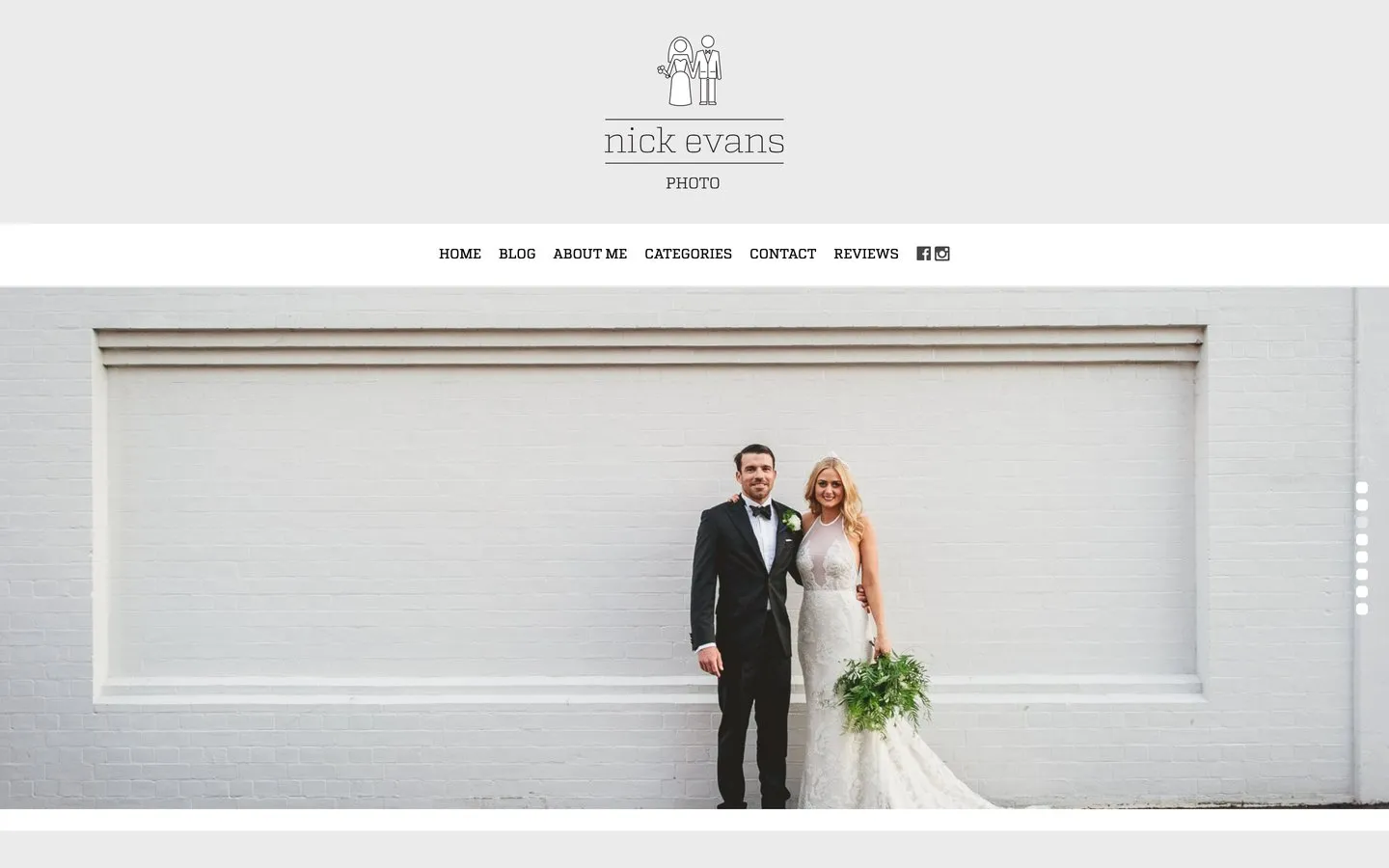 The Nick Evans Photography homepage as it ran in 2014, a couple photographed against a white brick wall beneath the logo and menu