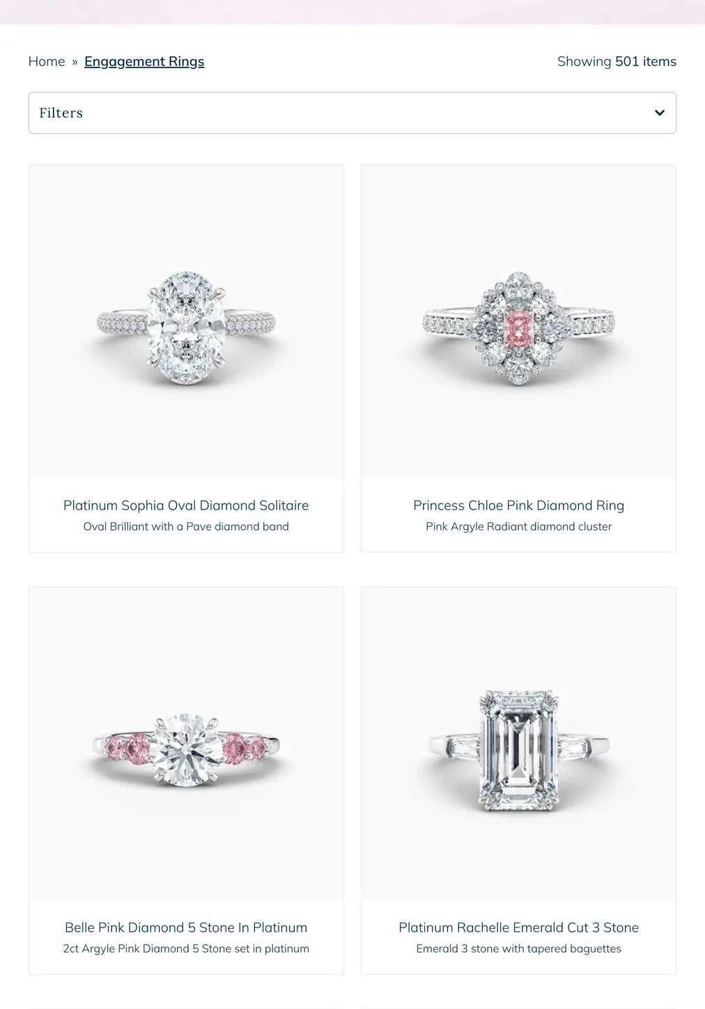 The Nick Ireland engagement ring catalogue on an iPad, showing a count of 501 items and the filter panel above the grid of rings