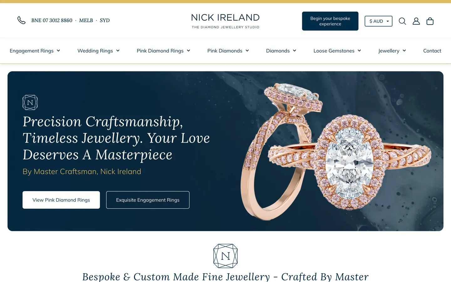 The Nick Ireland homepage, with a pink diamond halo ring behind the headline Precision Craftsmanship, Timeless Jewellery