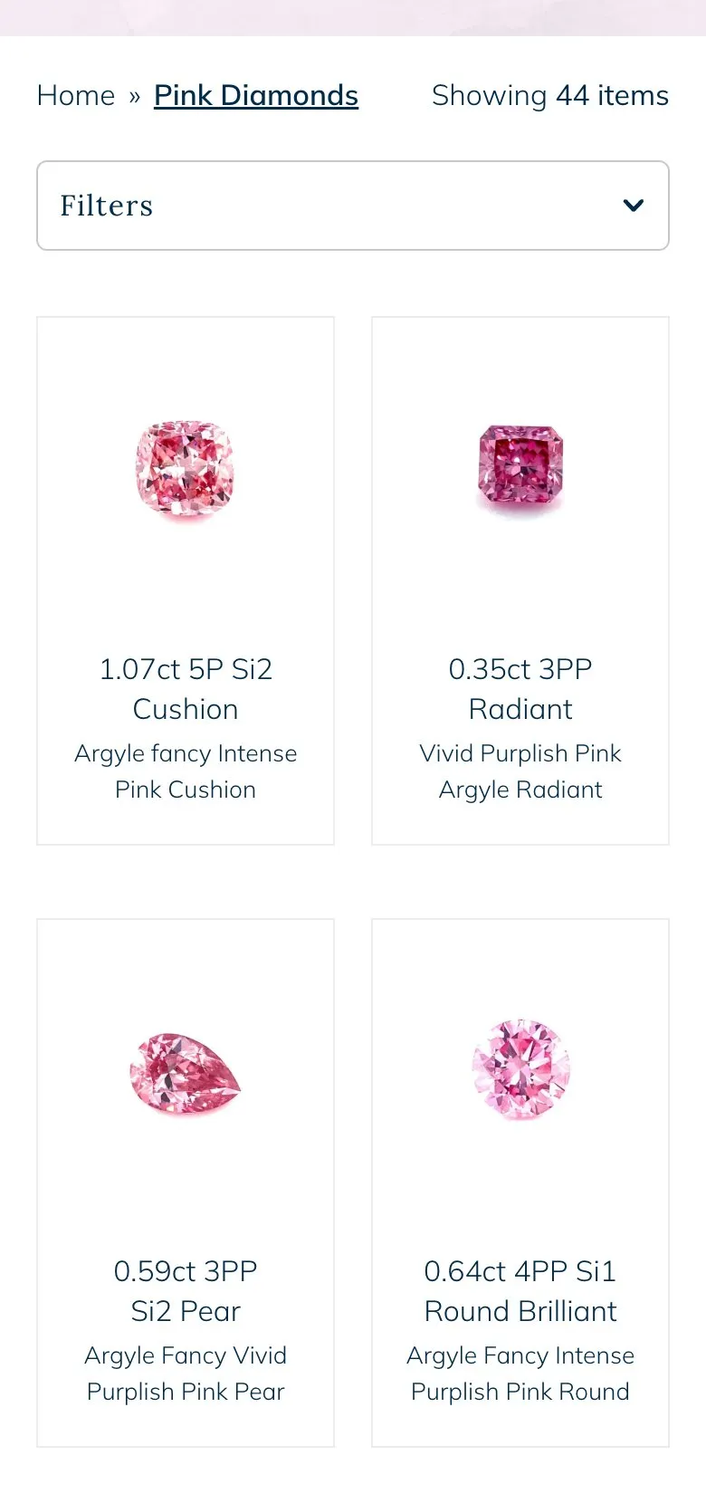 The Argyle pink diamond collection on an iPhone, each stone listed by carat weight, colour grade and cut
