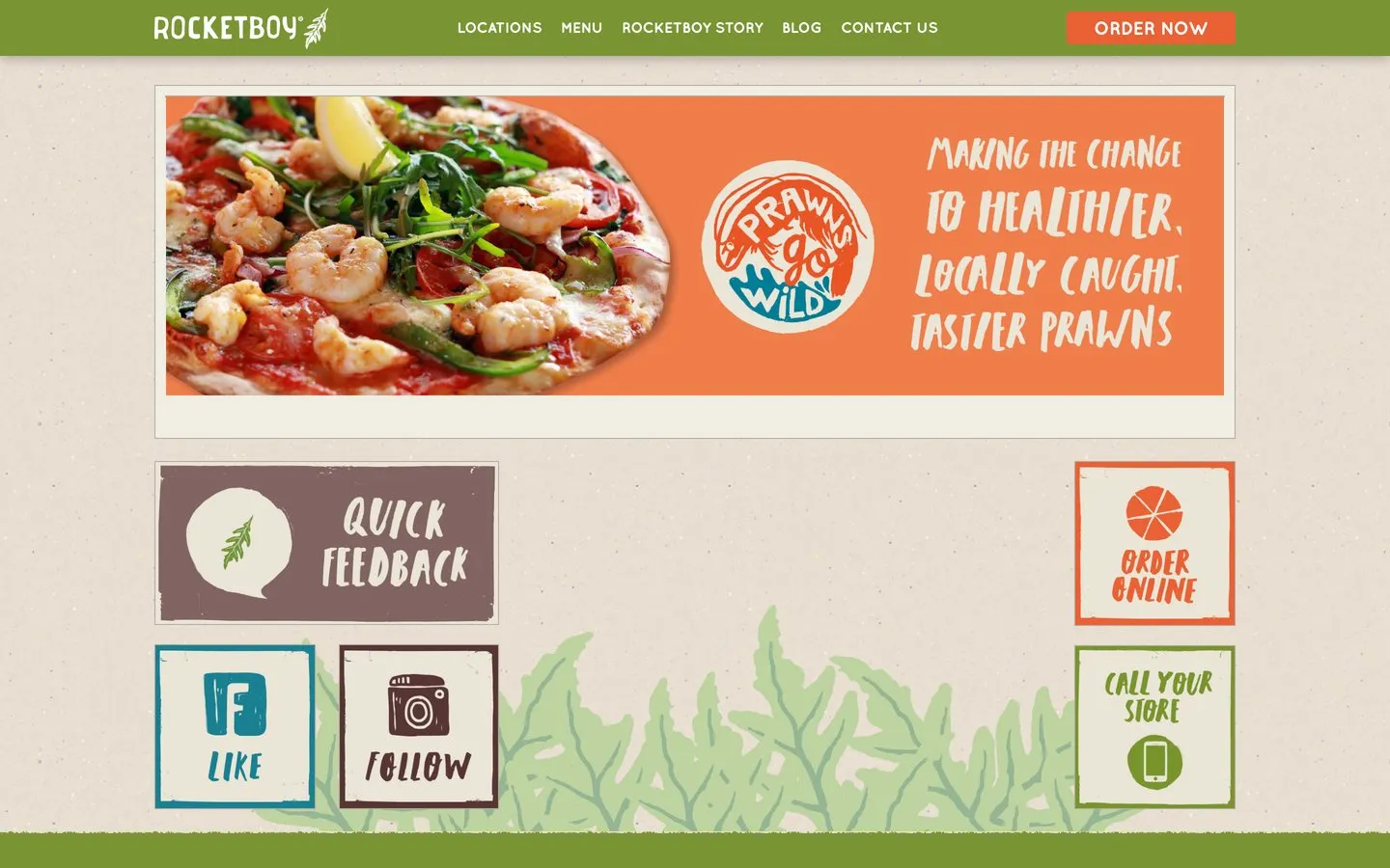 The Rocketboy Pizza homepage, with a prawn pizza banner and hand-lettered tiles for ordering online and calling your store