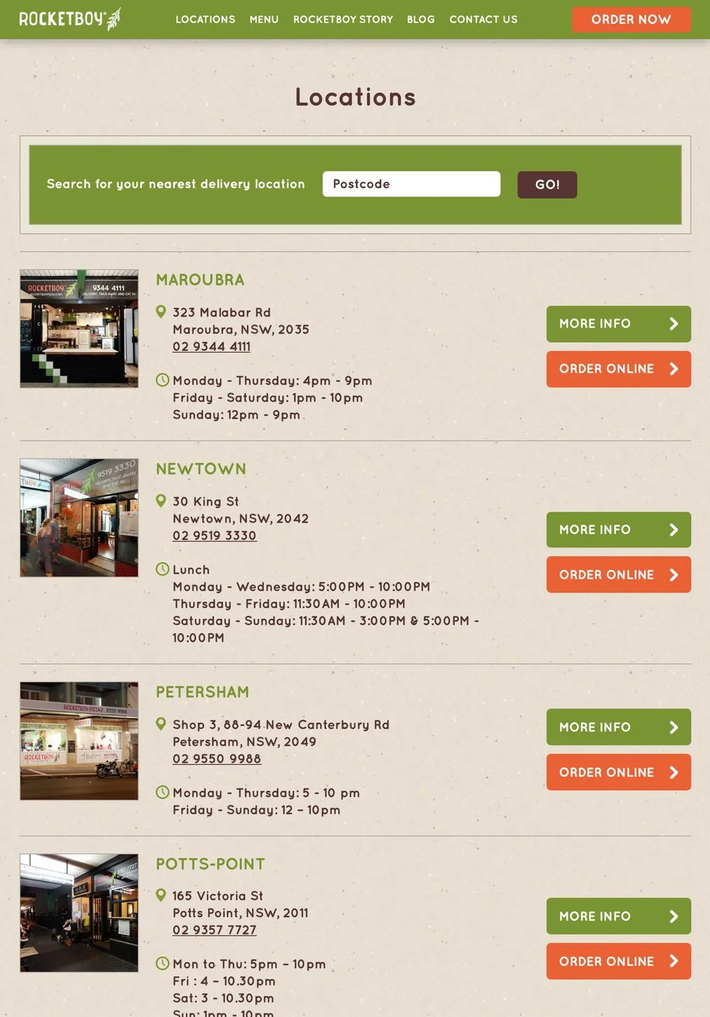 The Rocketboy Pizza locations page, with a postcode search and each Sydney store listed with its photograph, address, phone number and trading hours