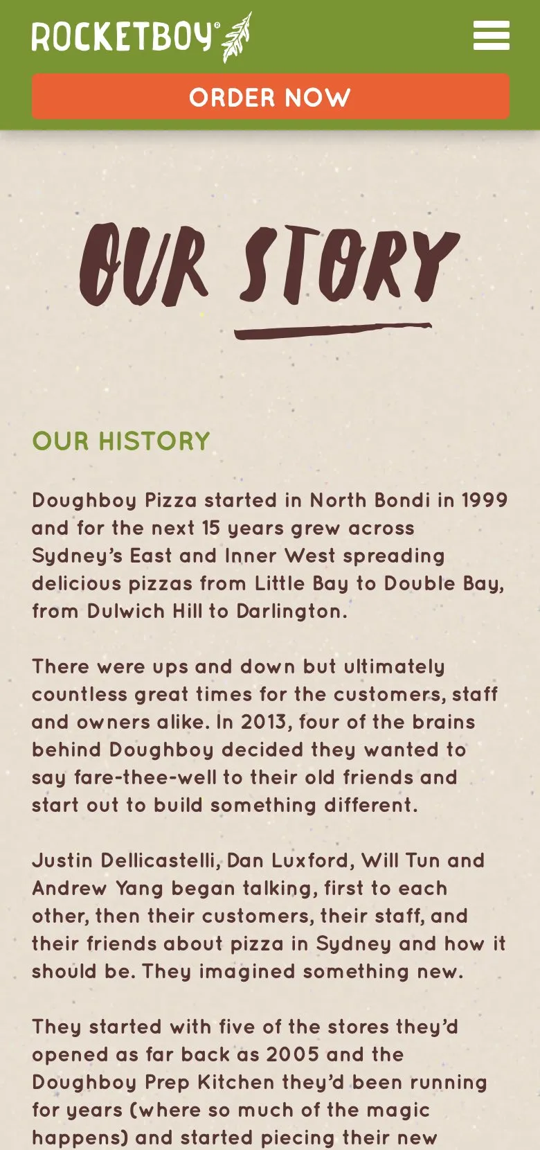 The Rocketboy Pizza story page on a phone, telling the history of the rebrand from Doughboy Pizza