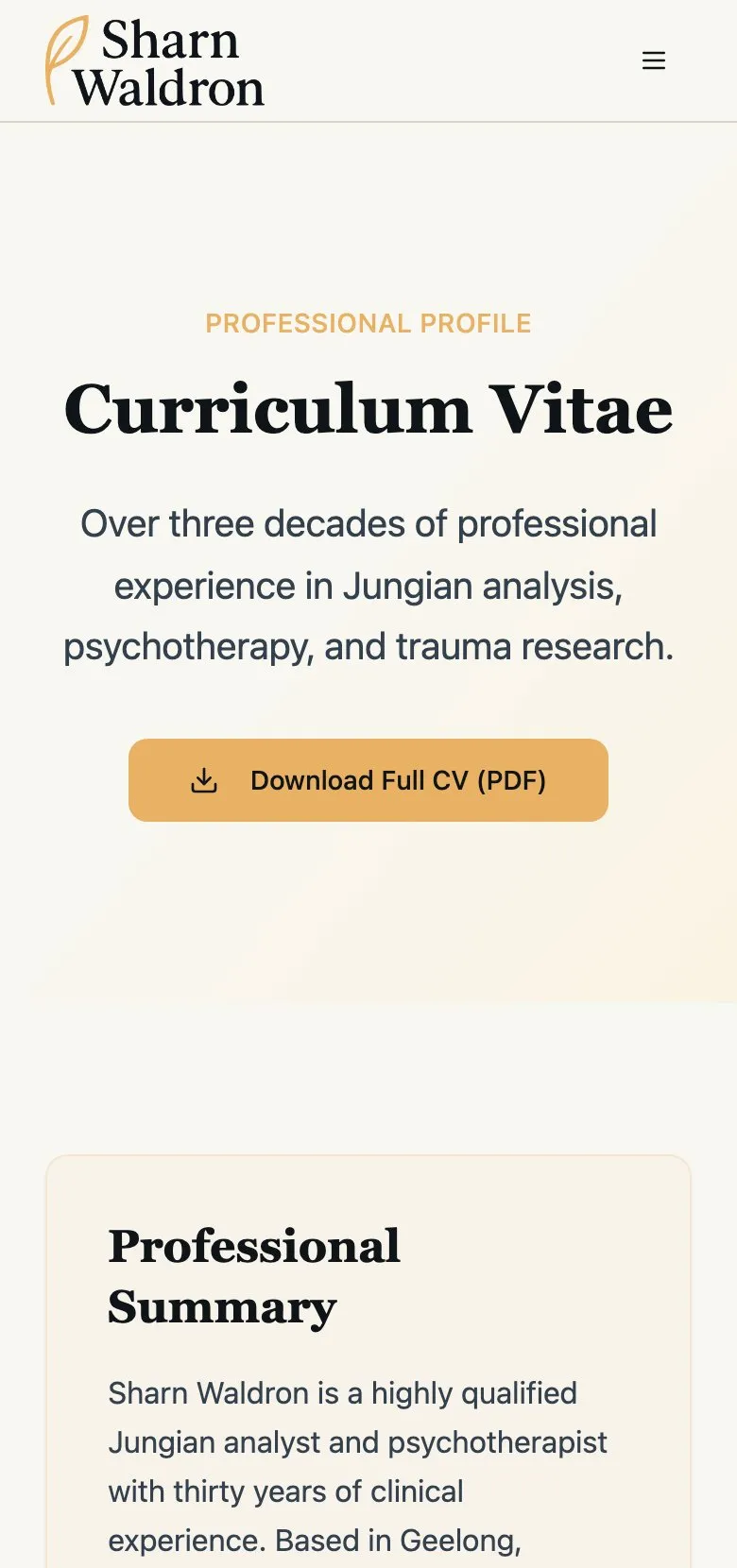 Sharn Waldron's background and qualifications page on an iPhone