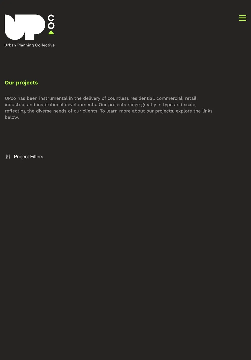 The UPco projects archive on an iPad, with its sector filters
