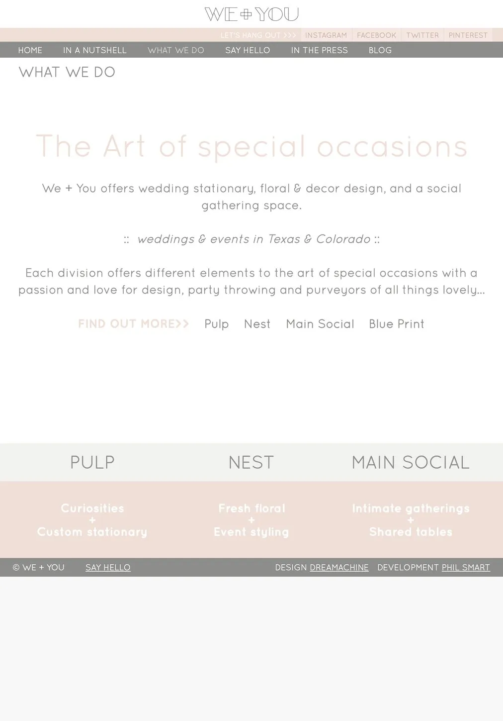 The WE+YOU What We Do page on an iPad, introducing the four divisions with Pulp, Nest and Main Social named across the footer