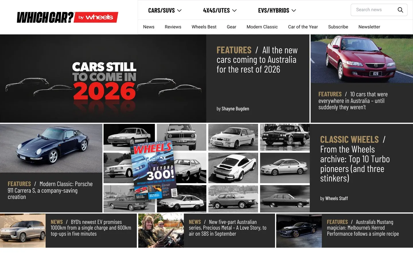 The WhichCar homepage, with its lead feature panel and Classic Wheels archive tiles