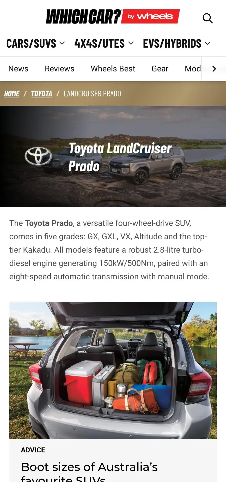 The Toyota LandCruiser Prado model page on an iPhone, with its branded header and related stories