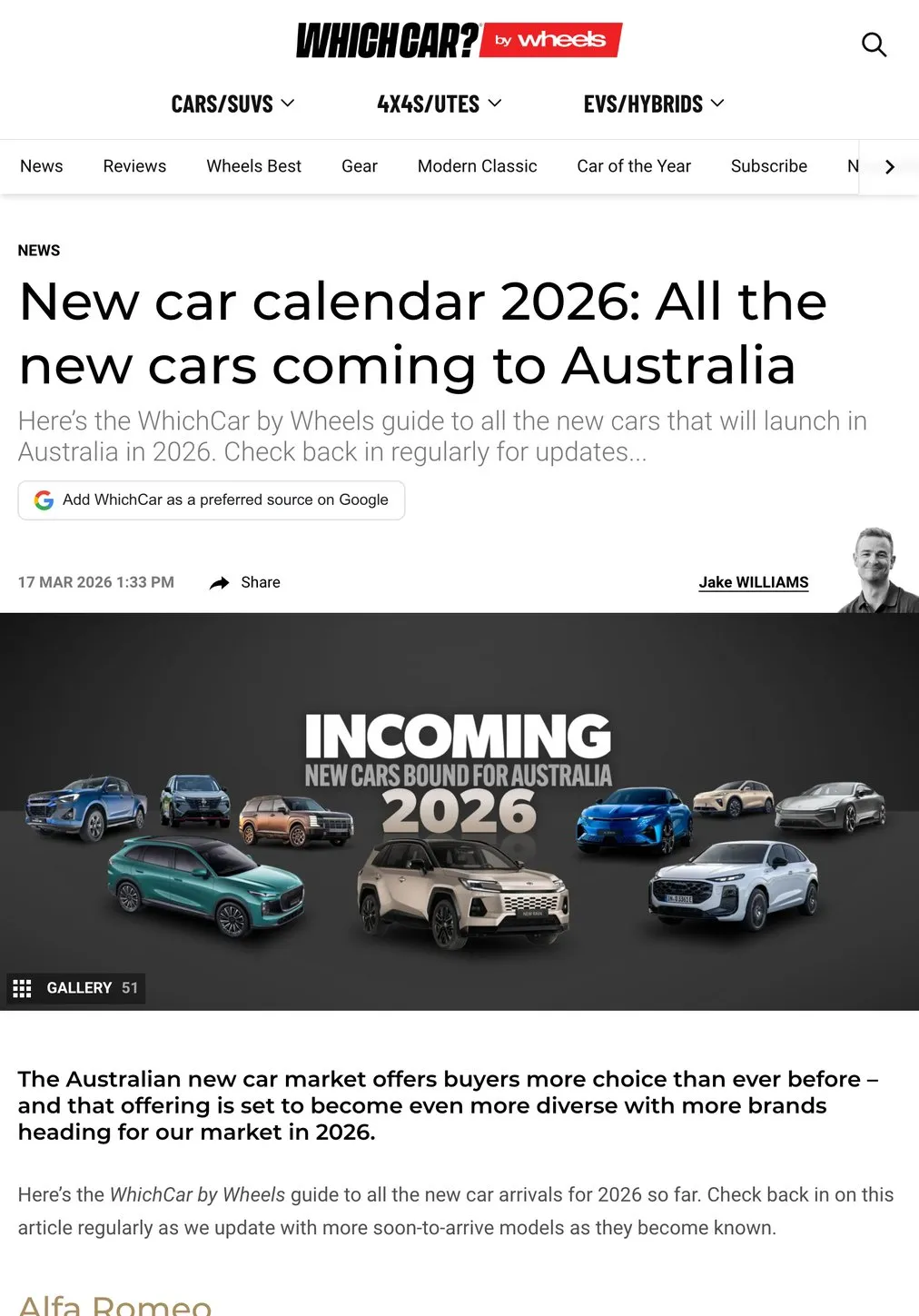 A WhichCar feature article on an iPad, showing the byline, share row and a 51 image gallery